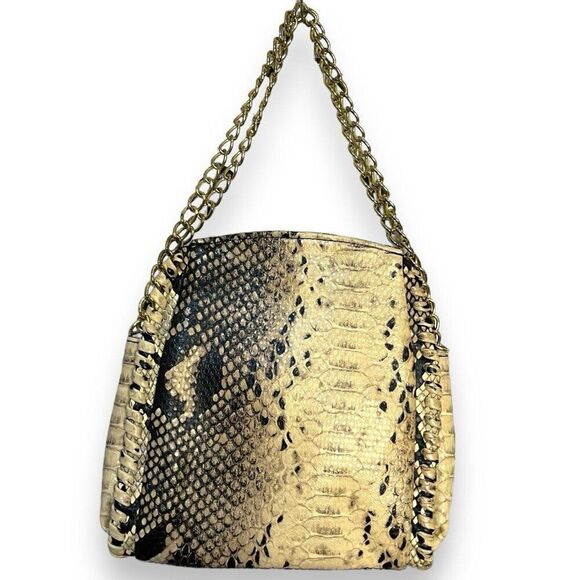 Steve Madden Faux Leather Python Snake Print Handbag Tote Womens Brown Chain - Picture 2 of 12